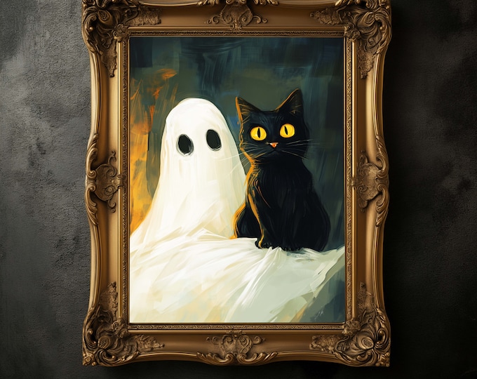 Ghost and Black Cat Halloween Art Print, Spooky Fall Decor - Etsy