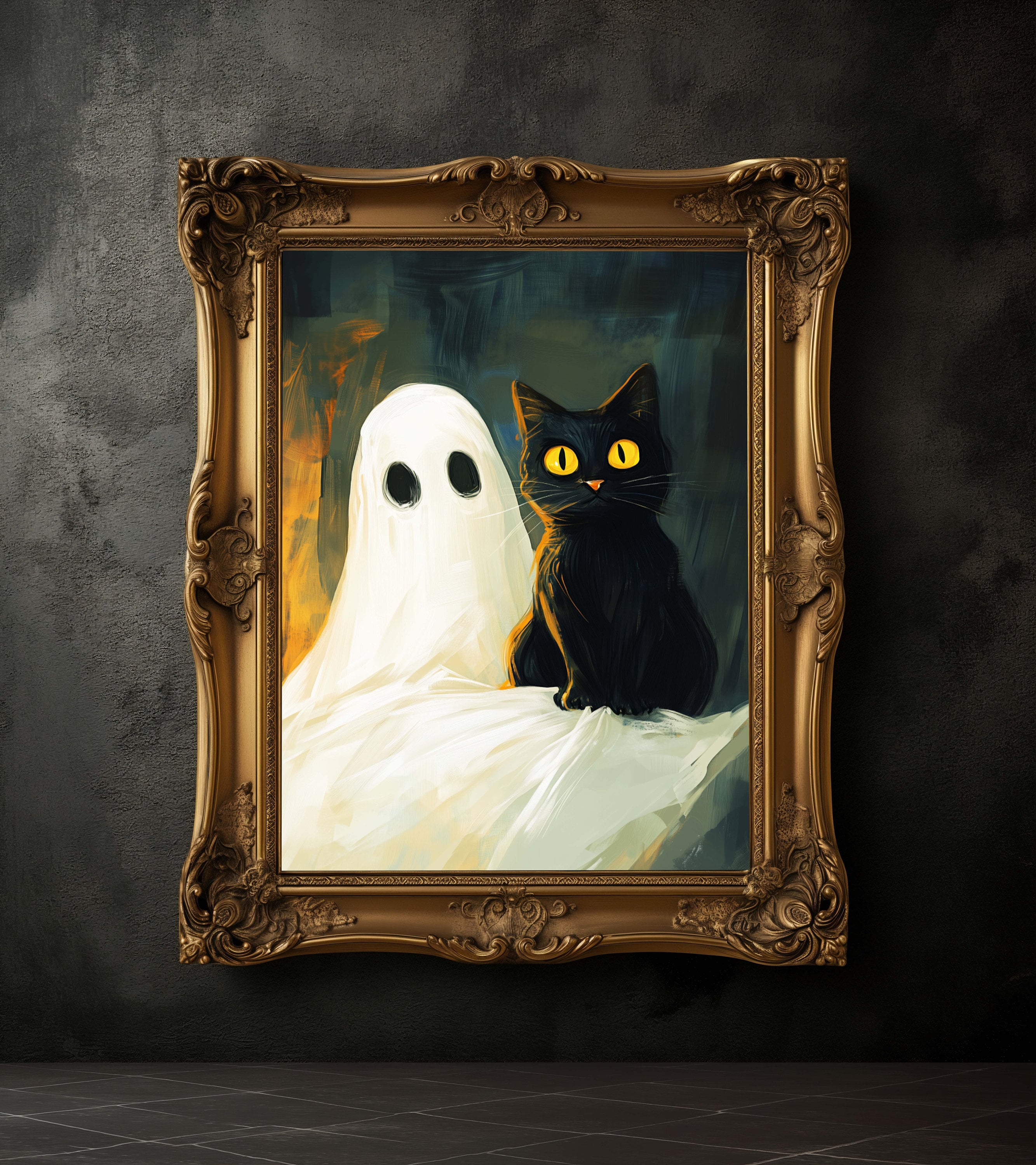 幽霊と黒猫のハロウィンアートプリント、不気味な秋のデコレーション
