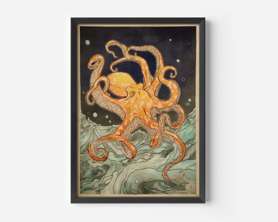 ヴィンテージのタコの絵画、日本のタコの版画、落ち着いたグリーンの