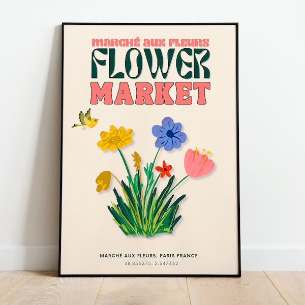 Flower Market Marché Aux Fleurs Poster, Botanical Print, Paris France Flower Market, Paris Wall Art, Botanical Print, Floral Poster, Decor