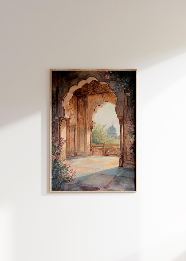 May include: A painting of an arched doorway with a view of a building with a dome in the distance. The doorway is decorated with intricate carvings and the building is surrounded by trees. The painting is framed in a wooden frame.