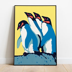 Three Penguins On The Rocks, Penguin Print, Penguin Poster, Large Wall Art, Retro Poster, Home Decor
