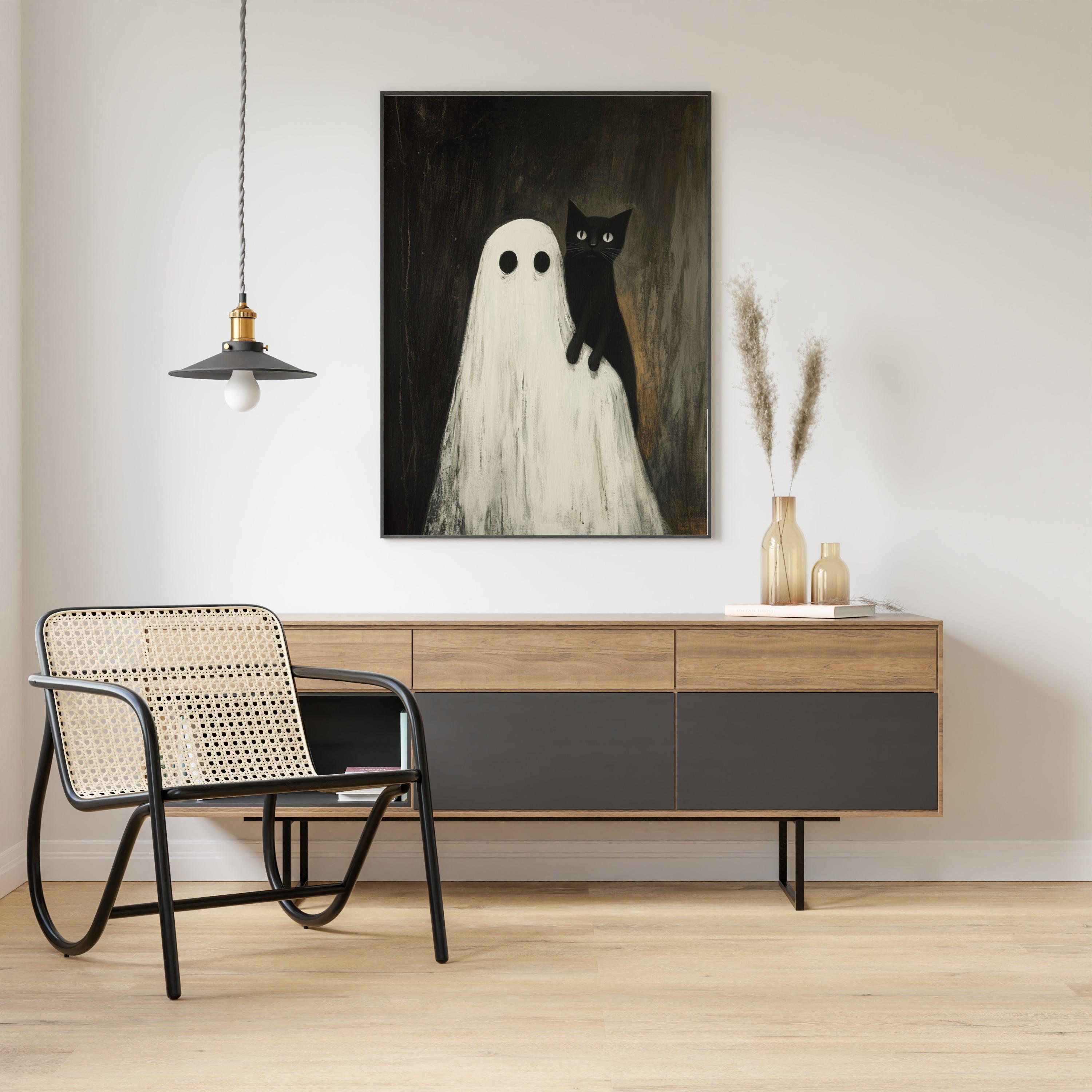 Black Cat Ghost Shoulder Halloween Art Print, Spooky Wall Decor - Etsy