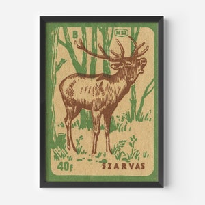 Vintage hjort tändsticksasktryck, ungersk renkonst bild 2