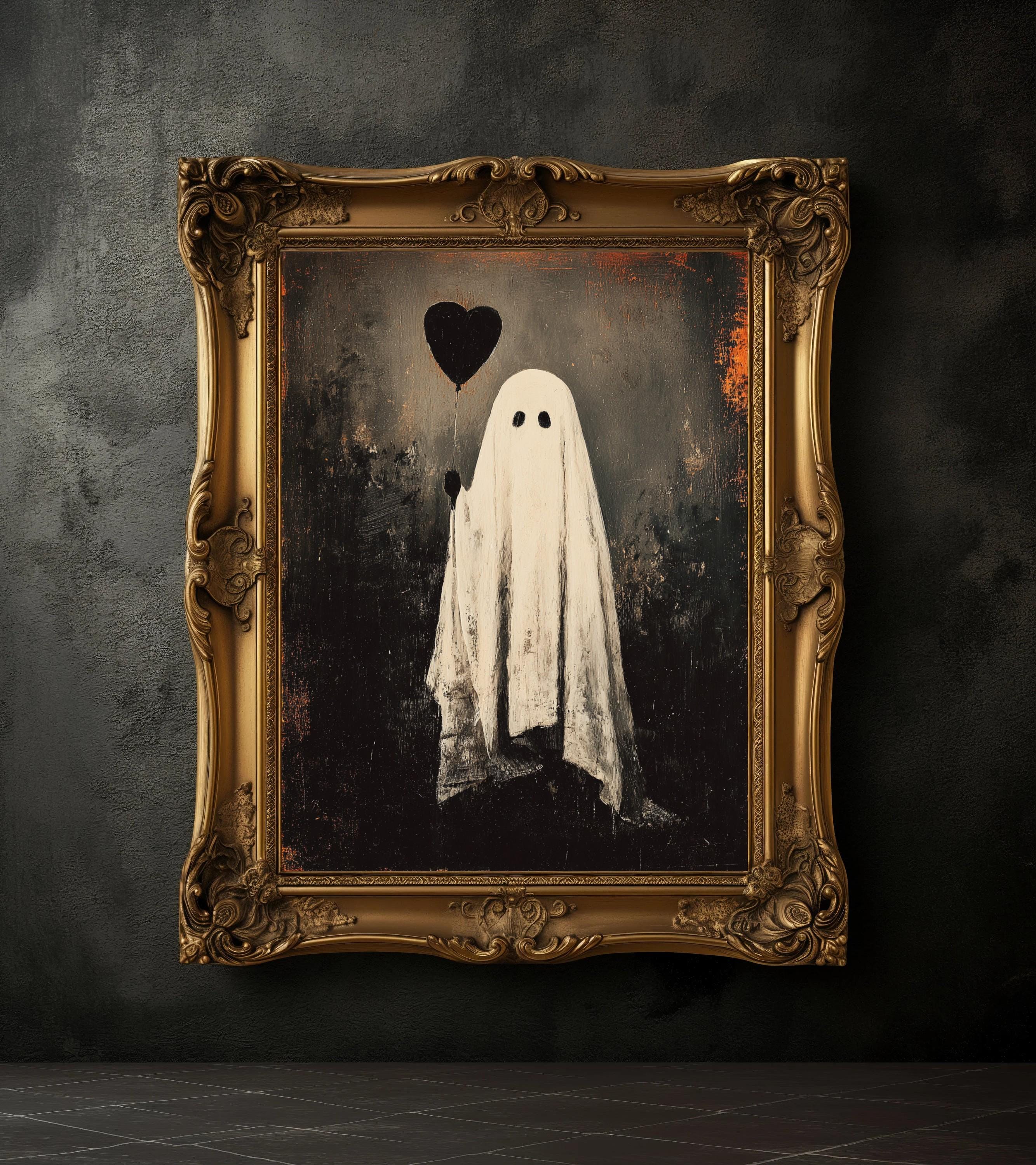 Rustic Halloween Ghost Print, Heart Balloon, Spooky Wall Art - Etsy
