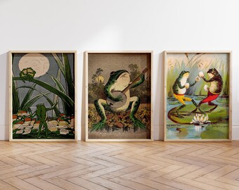 Vintage Japanese Frog Art Prints, Funny Frog Chorus Set