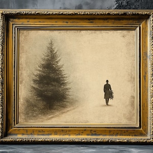 Vintage Man Carrying Christmas Tree Home Print, Dark Moody Christmas Art, Rustic Christmas Decor, Farmhouse Wall Art, Dark Aesthetic Decor