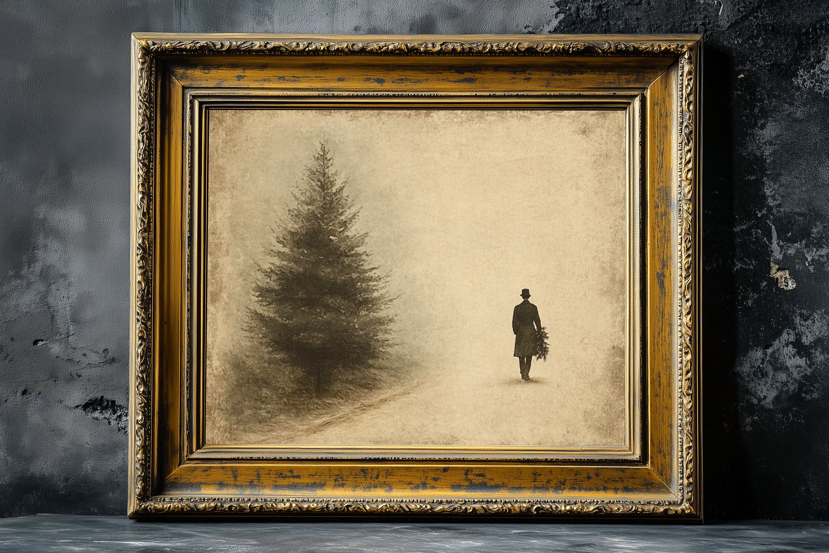 Vintage Man Carrying Christmas Tree Home Print, Dark Moody Christmas Art, Rustic Christmas Decor, Farmhouse Wall Art, Dark Aesthetic Decor