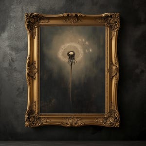 May include: A framed artwork featuring a dandelion in a dark, moody setting. The dandelion's seed head is illuminated, with some seeds floating away. The ornate gold frame adds a classic touch to the artwork.