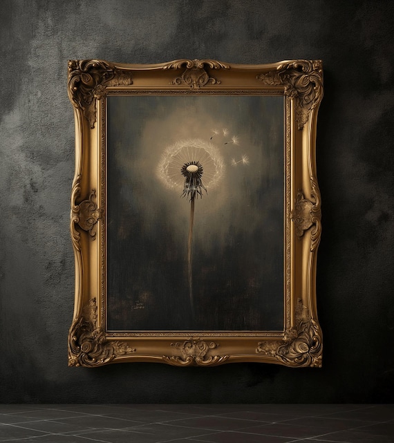 Moody Dandelion Print, Vintage Dandelion Poster, Dark Academia Print, Dark Aesthetics, Dandelion Wall Art, Antique Oil Painting, Farmhouse