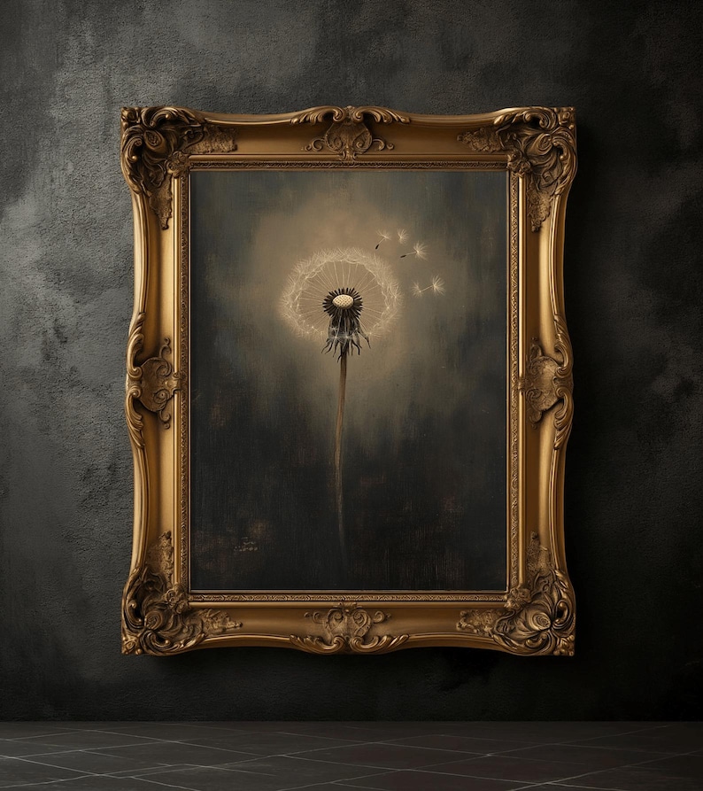 May include: A framed artwork featuring a dandelion in a dark, moody setting. The dandelion's seed head is illuminated, with some seeds floating away. The ornate gold frame adds a classic touch to the artwork.