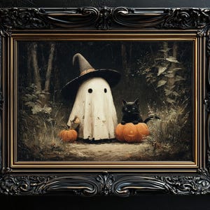 May include: A framed Halloween-themed painting. The artwork depicts a ghost wearing a witch hat, a black cat, and two pumpkins in a forest setting. The frame is ornate and black with gold accents, set against a dark background.