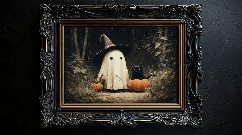May include: A framed Halloween-themed painting. The artwork depicts a ghost wearing a witch hat, a black cat, and two pumpkins in a forest setting. The frame is ornate and black with gold accents, set against a dark background.