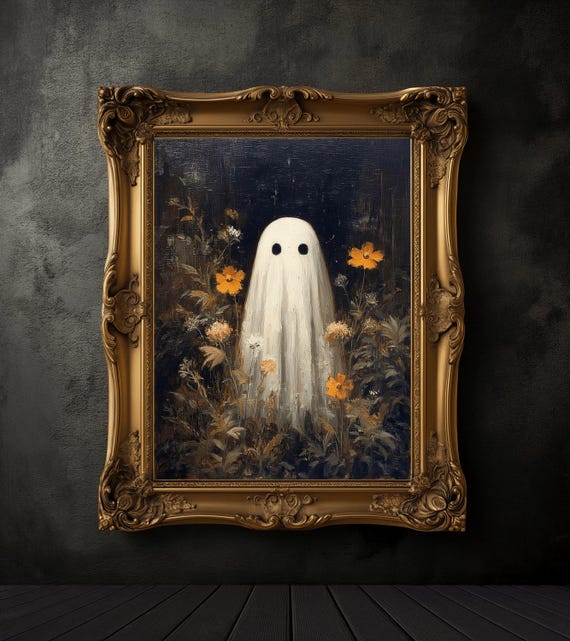 Ghost in the Wildflower Field Print, Halloween Art Poster, Spooky Ghost Wall Art, Fall Decoration, Halloween Wall Decor, Dark Academia