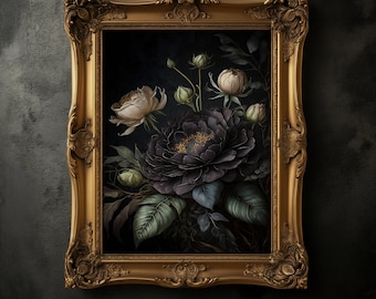 Vintage Black Peony Print, Gothic Dark Academia Poster