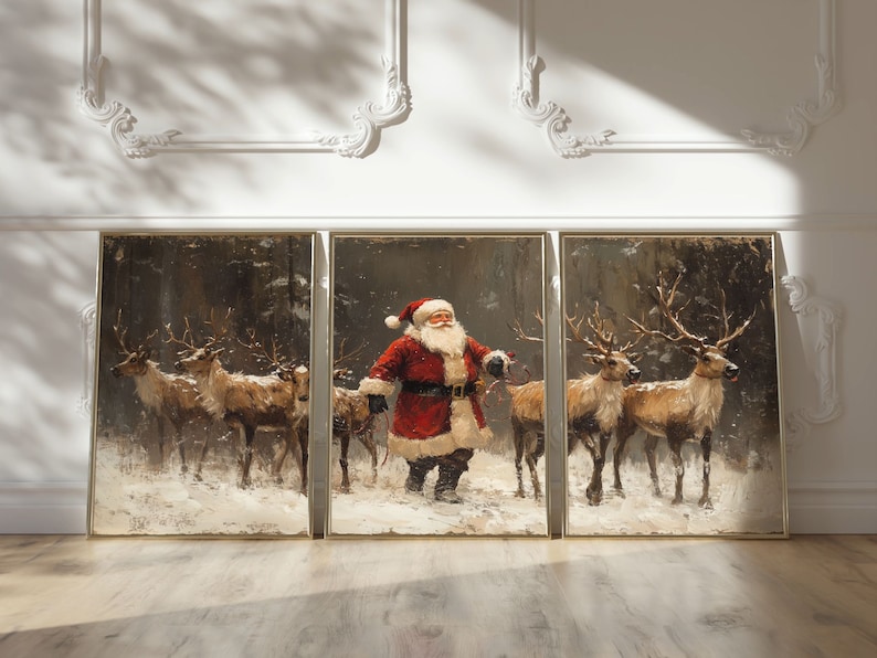 May include: A set of three framed canvas prints depicting a winter scene with Santa Claus and reindeer. The prints are in a rustic style with a brown background and white snow. Santa Claus is wearing a red suit and a white beard, and he is holding a bag of gifts. The reindeer are pulling a sleigh.