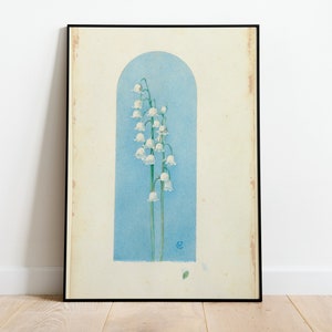 May include: A vintage botanical illustration of a cluster of white lily of the valley flowers against a blue background. The illustration is framed in a black frame.