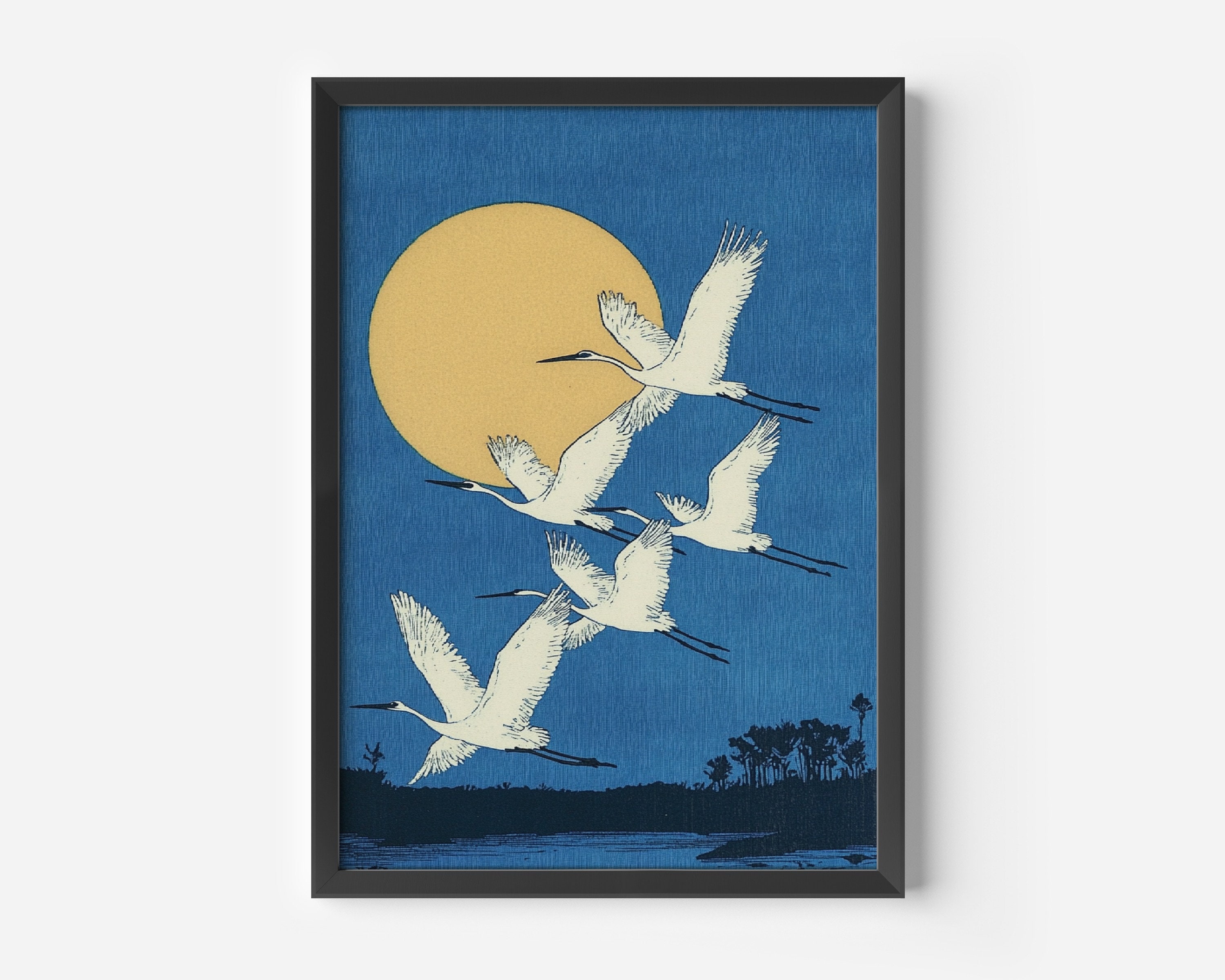 Full Moon and Crane Flying Painting, Watercoloor Crane Print