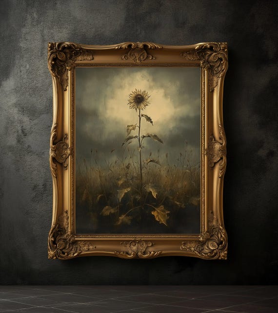 Moody Sunflower Art Print, Vintage Botanical Poster, Dark Academia Decor