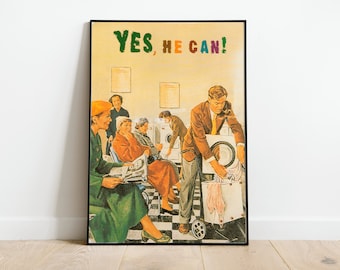 Funny Retro Poster With a Man Doing Laundry In a Laundromat, Bathroom Poster, Funny Family Print, Laundry Room Decor, Relationship Art