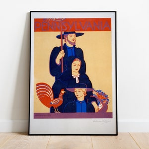May include: A vintage travel poster for Pennsylvania featuring a family of three in traditional Amish clothing. The poster has a yellow background with blue and red accents. The text "PENNSYLVANIA" is written in blue letters at the top of the poster.