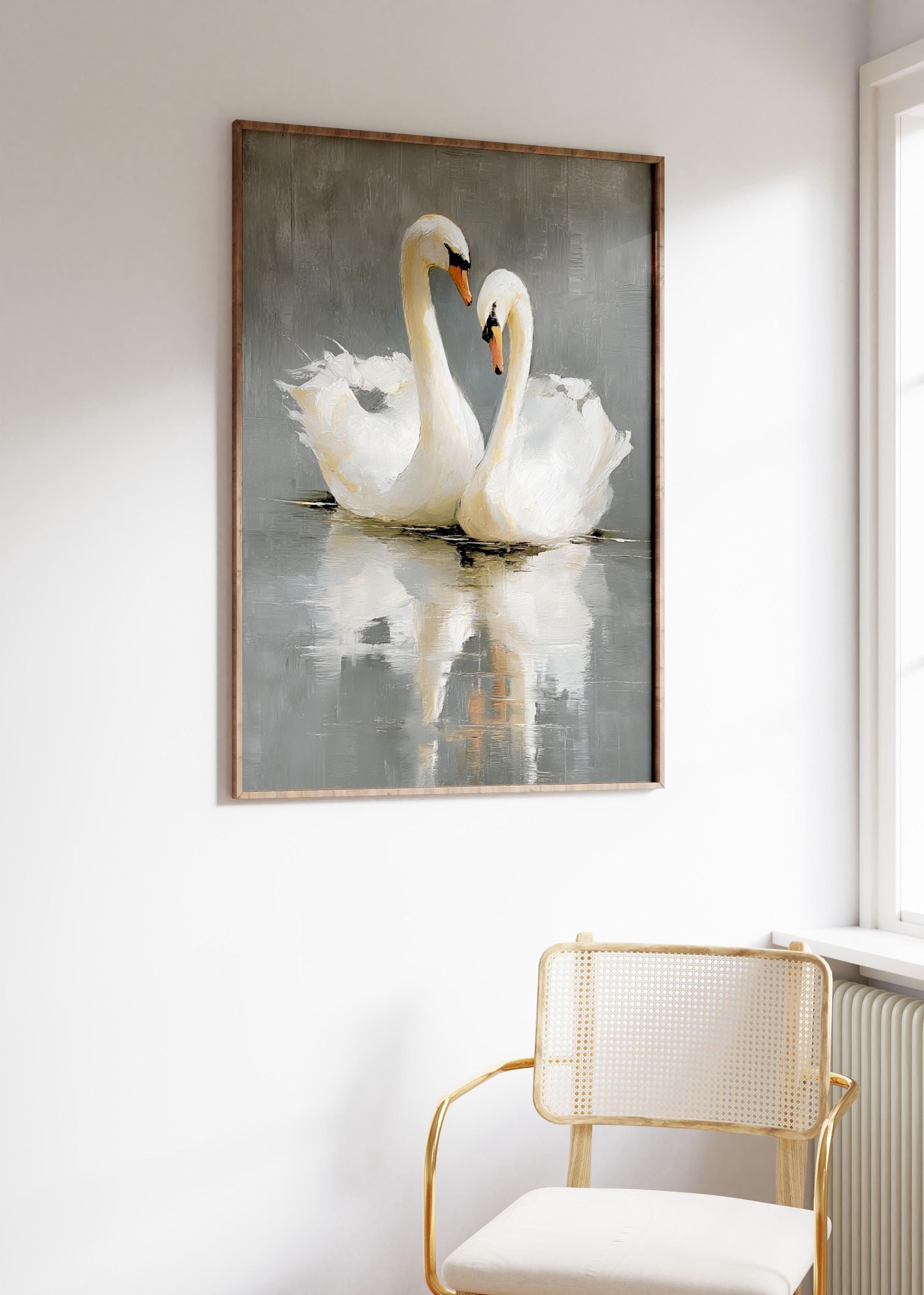 Vintage Swan Art Print, Two Swans Illustration, Soft Color Wall
