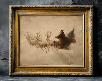 Vintage Father Christmas on Sleigh with Reindeers Poster, Santa Claus Print, Vintage Christmas Decor, Rustic Farmhouse Decor, Christmas Art
