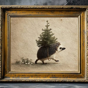 Pode incluir: Uma impressão emoldurada retrata um ouriço carregando uma pequena árvore de Natal nas costas. O ouriço está em perfil, com um corpo preto e branco e uma coleira marrom. A moldura é dourada e o fundo é bege neutro.