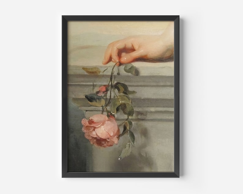 Impression d'art femme Renaissance tenant une rose, décoration murale romantique image 1