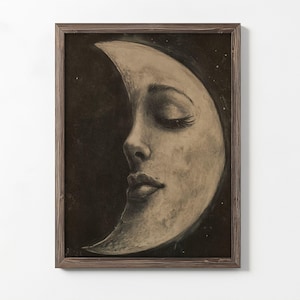 Op de afbeelding: Een zwart-witte tekening van een wassende maan met een vrouwen gezicht. De maan is afgebeeld als een slapende vrouw met haar ogen dicht.