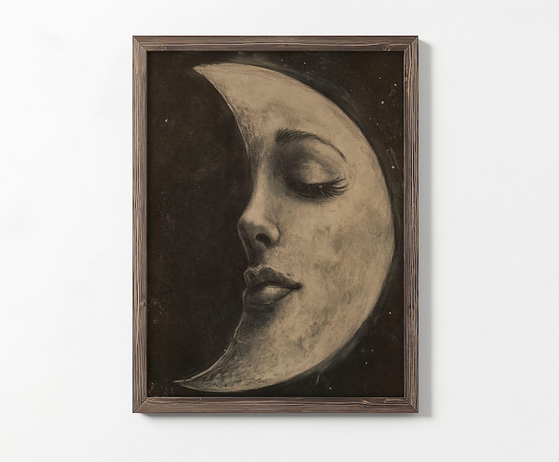 Charcoal Moon With a Woman's Face Poster, Vintage Moon Print, Dark