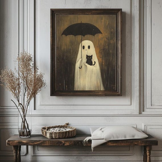 Spooky Ghost and Black Cat Art Print, Halloween Fall Decor - Etsy