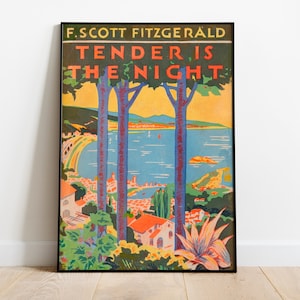 Vintage French Riviera Poster, Book Cover by F Scott Fitgerald, Art Deco, France Riviera Print, Colorful Wall Art, Large Print, Travel Print