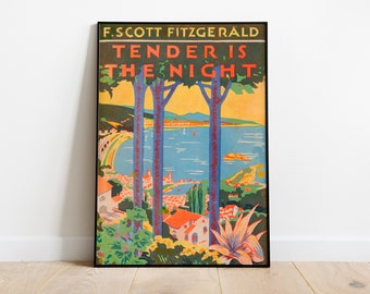 Vintage French Riviera Poster, Book Cover by F Scott Fitgerald, Art Deco, France Riviera Print, Colorful Wall Art, Large Print, Travel Print