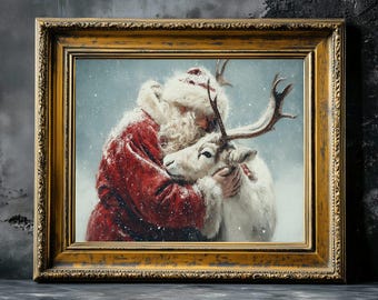 ヴィンテージのサンタクロースとトナカイの油絵プリント