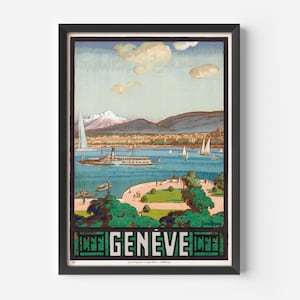 Geneve Switzerland Travel Poster, Art Deco, Geneve Print, Colorful Wall Art, Large Wall Art Print, Decor, Retro Geneve Switzerland Print