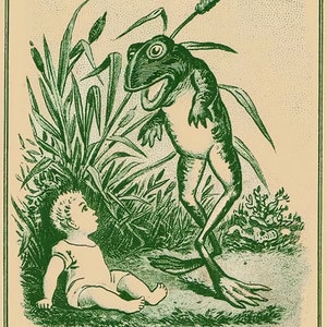 K&ouml;nnte beinhalten: Ein gr&uuml;ner Frosch mit einem gro&szlig;en Maul und einer langen Zunge steht in einem Feld mit gr&uuml;nen Schilf. Ein kleines Kind sitzt auf dem Boden und schaut den Frosch an. Der Text "DON'T BE NERVOUS" ist unter dem Bild gedruckt.