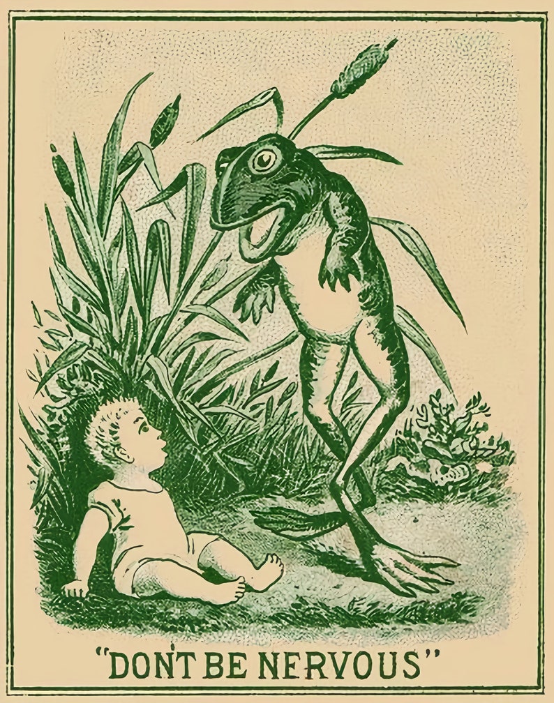 K&ouml;nnte beinhalten: Ein gr&uuml;ner Frosch mit einem gro&szlig;en Maul und einer langen Zunge steht in einem Feld mit gr&uuml;nen Schilf. Ein kleines Kind sitzt auf dem Boden und schaut den Frosch an. Der Text "DON'T BE NERVOUS" ist unter dem Bild gedruckt.