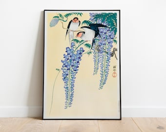 Swallows and Wisteria by Ohara Koson Vintage Poster, Art Deco, Vintage Print, Colorful Wall Art, Large Wall Art, Decor, Japanese Bird Print