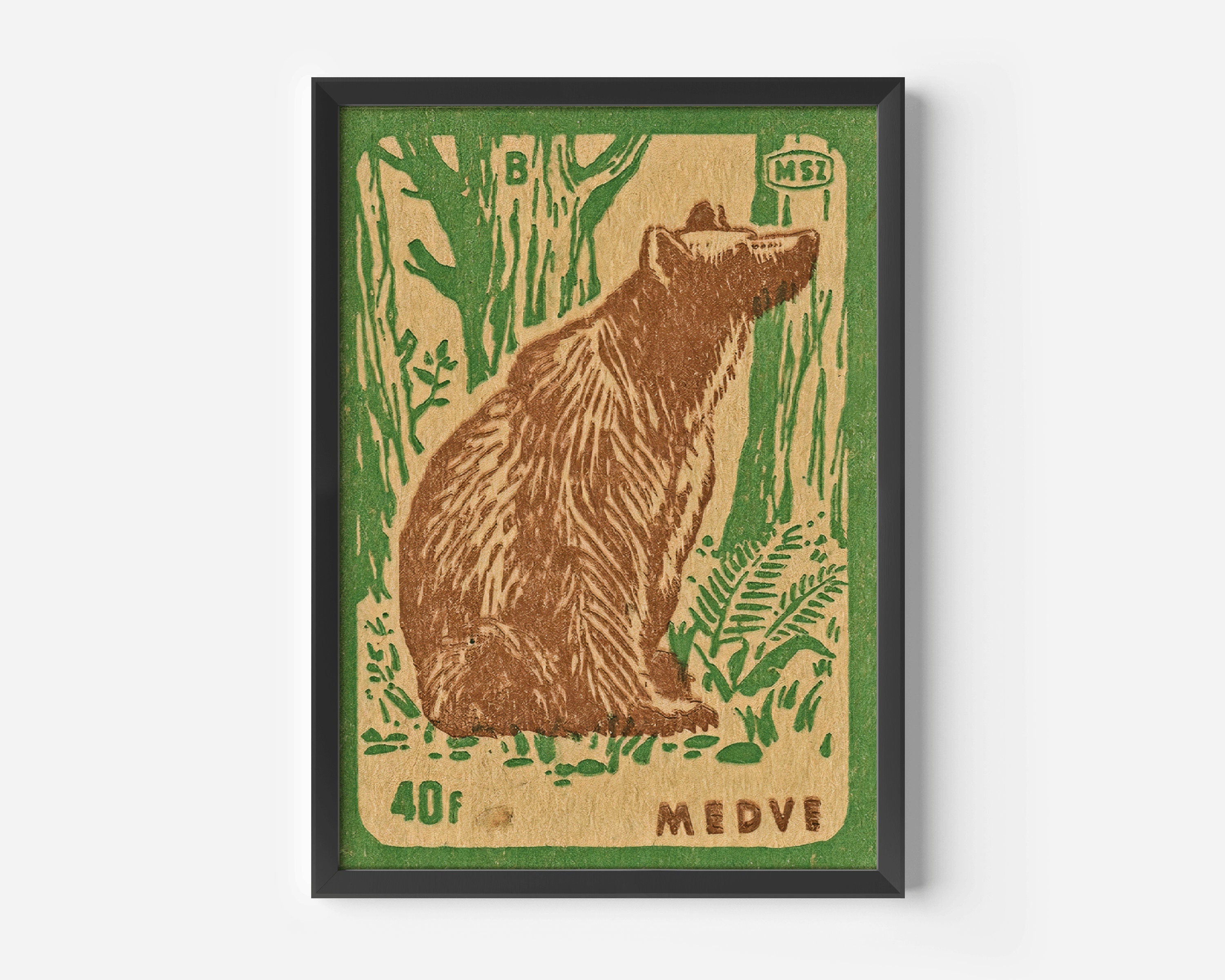 Bear Matchbox Print, Vintage Bear Print, Bear Wall Art, Hungarian