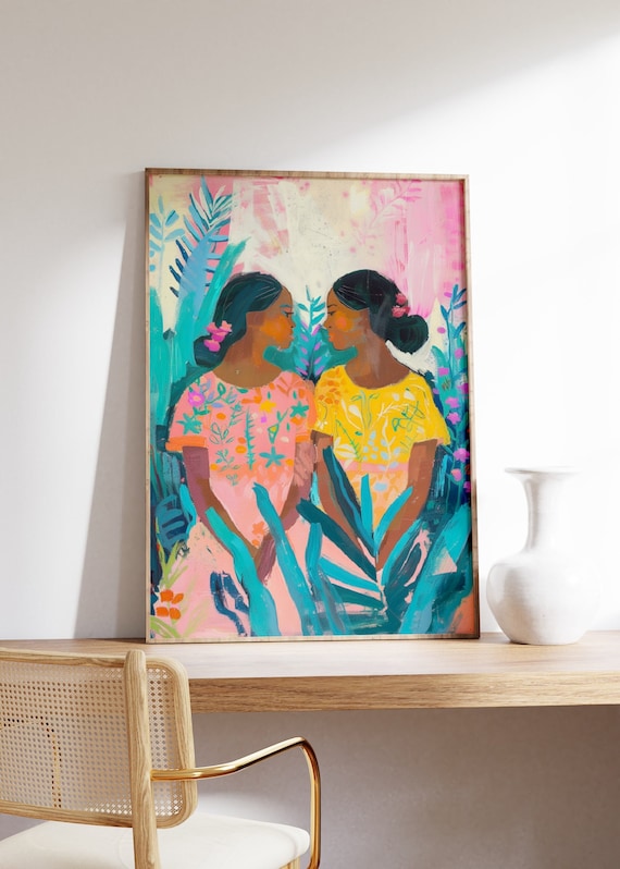 Caribbean Girls Art Poster, Tropical Decor, Caribbean Wall Art, Jamaica Poster, Exotic Art Print, Floral Art, Floral Decor, Black Gift