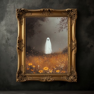 Ghost in The Wildflower Field Halloween Print, Halloween Poster, Spooky Ghost Wall Art, Fall Decoration, Halloween Wall Decor, Dark Academia