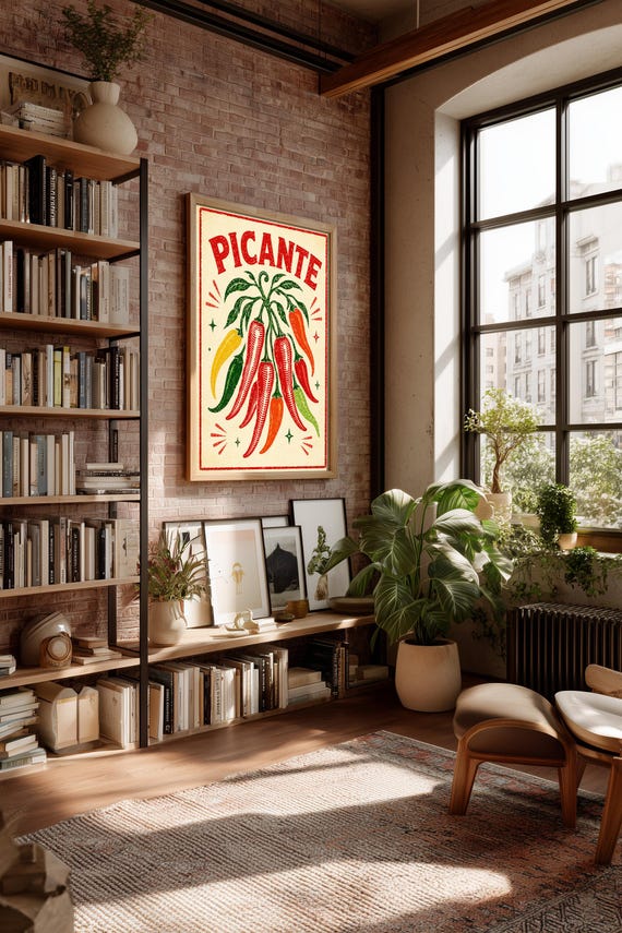 Picante Chili Pepper Print, Vintage Mexican Kitchen Art, Retro