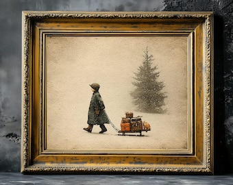 Vintage Boy Pulling a Sled with Gifts Print, Dark Moody Christmas Art, Rustic Christmas Decor, Farmhouse Wall Art, Dark Aesthetic Decor