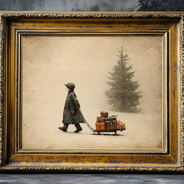 Vintage Junge, der einen Schlitten mit Geschenken zieht Druck, dunkle schwermütige Weihnachtskunst, rustikale Weihnachtsdekor, Bauernhaus-Wandkunst, dunkles ästhetisches Dekor