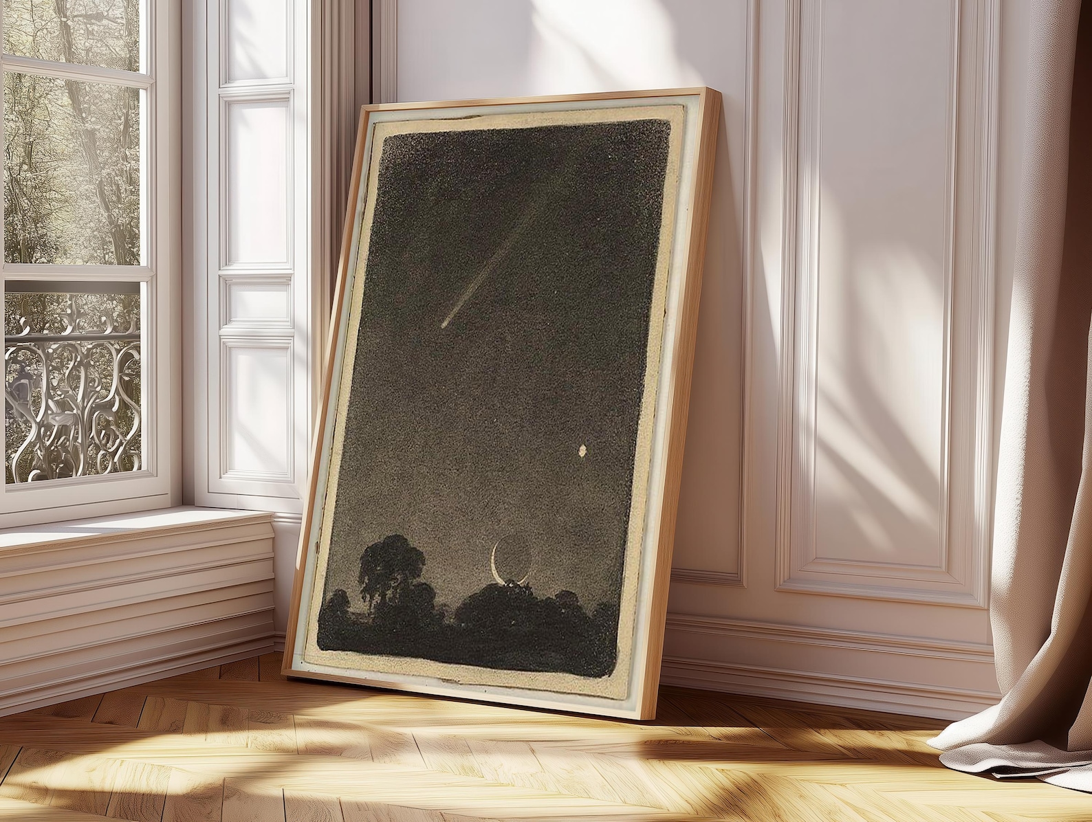 Vintage Night Sky Poster, Crescent Moon Comet Print, Celestial Wall Art ...