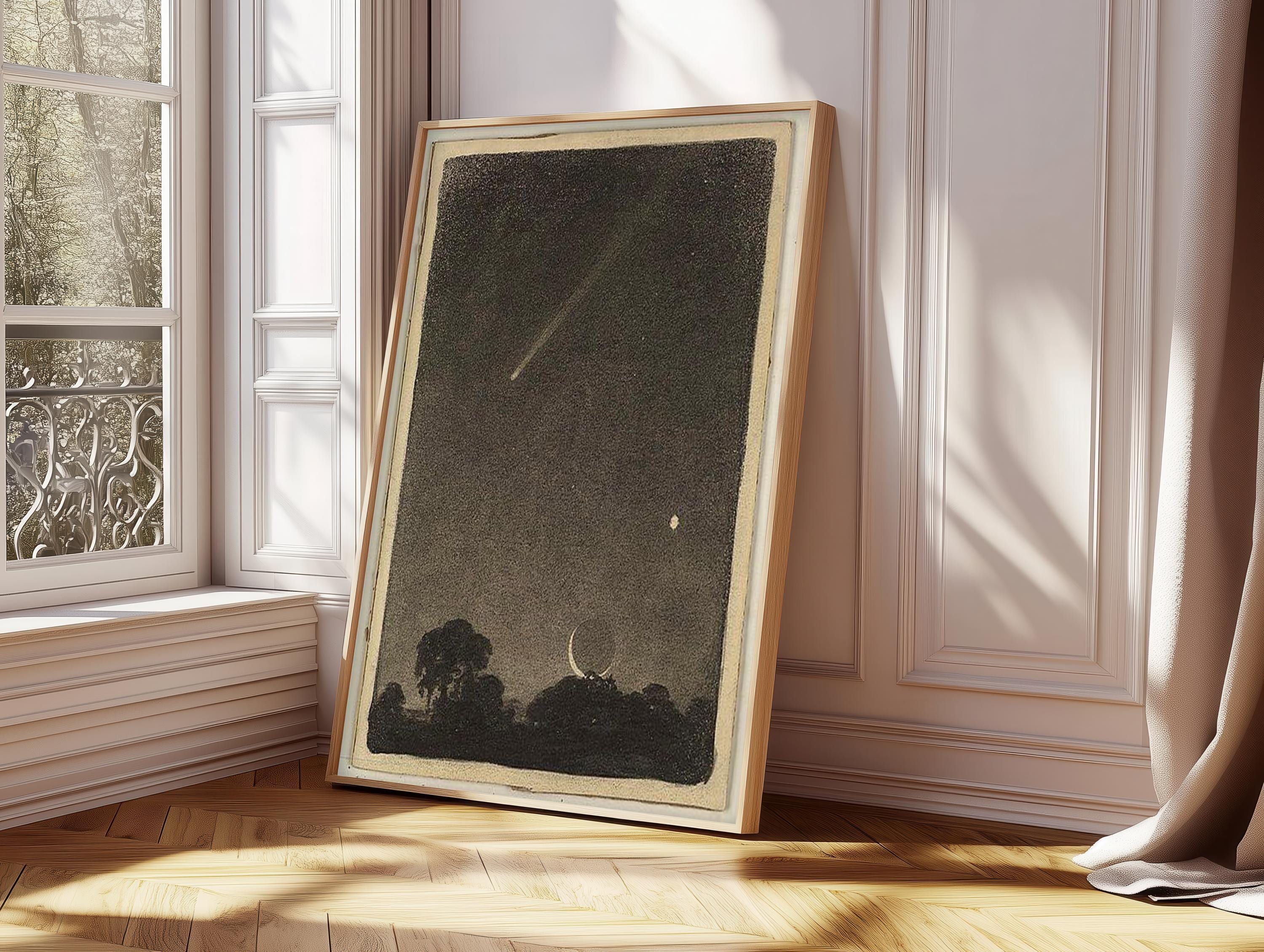 Vintage Night Sky Poster, Crescent Moon Comet Print, Celestial Wall Art ...