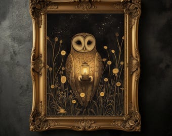 Vintage Moody Owl Print, Golden Light, Dark Academia Wall Art, Rustic Home Decor