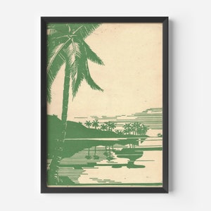 Palm Tree Paradise Beach Print, Palm Tree Vintage Poster, Beach Wall Art, Green Palm Tree, Retro Print, Botanical Print, Minimal Wall Art