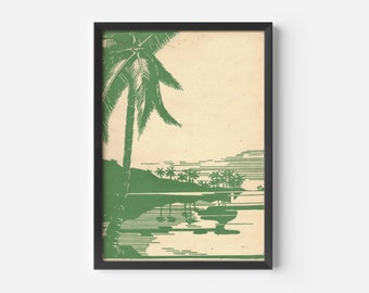 Lámina vintage de palmeras en la playa, arte mural botánico retro.